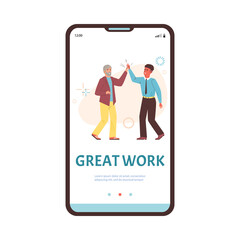 Wall Mural - Colleagues clap hands and congratulate each other with great work - onboarding screen flat vector illustration.