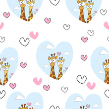 Pattern With Funny Giraffes.Love.Vector Graphics.Suitable For Wallpaper,paper,fabric,background. 