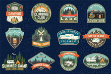 Set Of Summer Camp Patches. Vector Concept For Shirt Or Logo, Print, Stamp, Patch Or Tee. Vintage Typography Design With Rv Trailer, Camping Tent, Forest, Mountain Silhouette