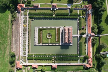 State castle Kratochvíle, picturesque renaissance residence surrounded by a moat and park, situated near Netolice, Bohemia, Prachatice district, Czech Republic-scenic aerial panorama view