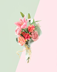 Wall Mural - A Valentine or Wedding bouquet of fresh Spring pink and white flowers. Creative pastel colored concept.