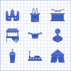 Poster - Set Jester hat with bells, Bumper car, Circus tent, Joystick for arcade machine, Paper glass drinking straw and water, Fast street food cart awning, Drum drum sticks and Castle icon. Vector