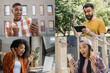 © Oleksii - Emotional multiracial freelancers receive payment celebration success. Collage photos of diverse overjoyed people holding mobile phones, using laptop computer shopping online with sales