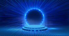 A Pedestal With A Neon Glowing Light Circle On A Blue Background Of The Speed Of Light. Blue Magic Portal. 3d Hologram Effect. Energy Vortex Teleport. Virtual Reality Cyberspace. Vector Illustration