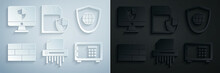 Set Paper Shredder Confidential, Shield With World Globe, Bricks, Safe, SD Card And Shield And Computer Monitor Icon. Vector