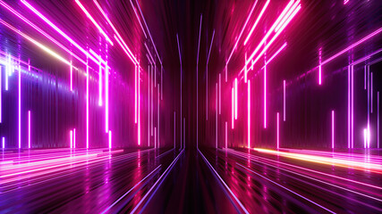 Wall Mural - 3d render, abstract neon background with glowing lines, empty room with floor reflections