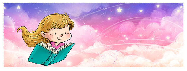 Wall Mural - Illustration of a little girl flying with a book through the sky