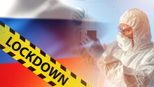 Lockdown In Russia. Covid-19 Restrictions In Russian Federation. Fight Against Coronavirus. Virologist And Flag Of Russia. Restriction Due To SARS-CoV-2 Infection. Tape With Lockdown Text