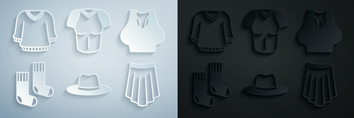 Sticker - Set Man hat, Undershirt, Socks, Skirt, T-shirt and Sweater icon. Vector