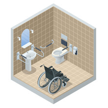 Isometric Modern Restroom For Disabled People. Bathroom For The Elderly And Disabled, With Grab Bars And Wheelchair Access