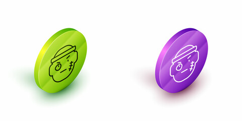 Poster - Isometric line Bandit icon isolated on white background. Green and purple circle buttons. Vector