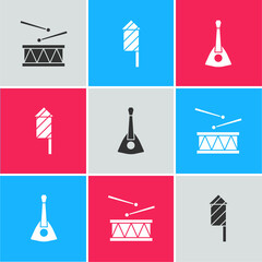 Canvas Print - Set Drum with drum sticks, Firework rocket and Balalaika icon. Vector