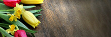 Spring Flowers - Red And Yellow Tulips, Daffodils On A Dark Background. Copy Space,