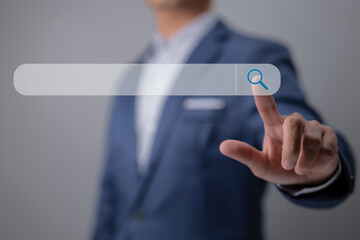 Aufkleber - Search Engine Optimization using Data Search Technology. A man's hands are searching for information. Using Search engine Console to help you with your website.
