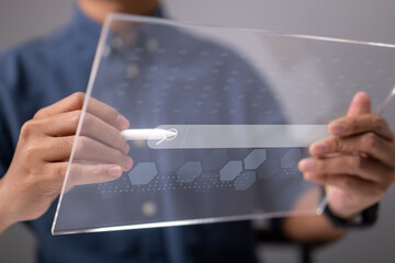 Aufkleber - Search Engine Optimization using Data Search Technology. A man's use tablet searching for information. Using Search Console to help you with your website.