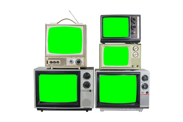 Wall Mural - Five vintage televisions with green screens and white background.