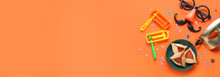 Beautiful Composition For Purim Celebration With Space For Text On Orange Background