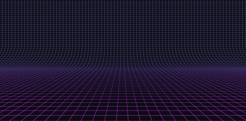 Aufkleber - Retro Futuristic Neon Grid Background. 80s Design Perspective Plane Landscape. Neon Lines Lights. Synthwave, Retrowave, Vaporwave Theme Vector Illustration