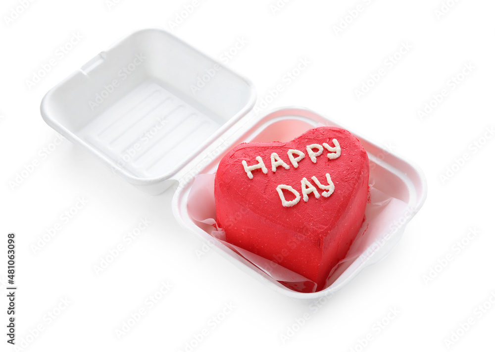 Plastic lunch box with tasty bento cake for Valentine's Day on light background