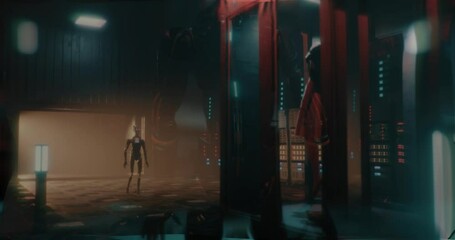 Robot walks in a futuristic lab when the light rays shining behind him and there is a woman in a tank