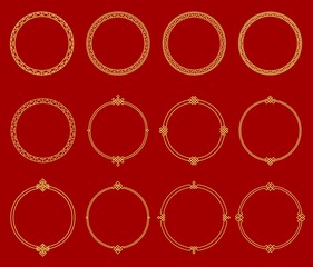 Round circle asian frames. Japanese, korean and chinese borders. Oriental decorative frames set with geometric line ornaments, vector vintage borders with golden endless knot patterns