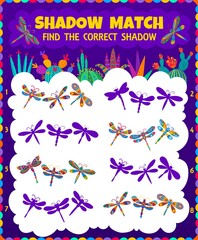 Wall Mural - Dragonfly shadow match kids riddle game. Vector worksheet for children logic activity, preschool or kindergarten education task with cartoon colorful insects in alebrije art. Logical puzzle game