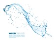 © Vector Tradition - Isolated clean blue water wave splash with splatters, vector transparent pour flow. Water splashing with drops or liquid blue clear aqua with droplets of crystal pure drink and flowing spill