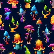 Seamless Pattern. Fairy Fantasy Mushrooms And Magic Toadstools Vector Background. Cartoon Luminous Mushroom With Acid Caps, Blue Neon And Purple Toxic Luminescent Amanita Or Fungi In Witch Forest