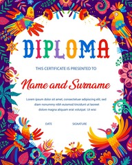 Kids diploma. Mexican hummingbird, parrot and vector floral embellishments. Certificate or school diploma award with mexican birds in tropical flowers