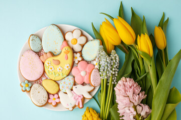 Wall Mural - Easter greeting card with fresh tulip flowers, Gingerbread cookies - Easter eggs, chocken hen, bunny and flowers on white plate, top view with copy space, homemade sweets for spring party