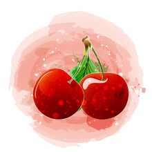 Cherry Watercolor Clipart Illustration With Red  Background.
