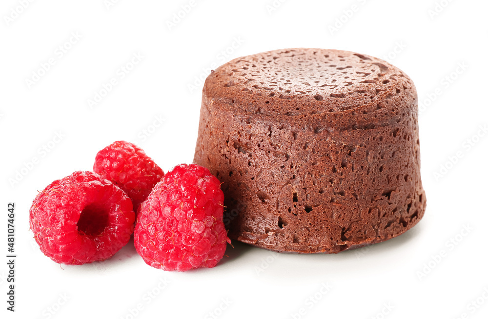 Tasty lava cake fondant and raspberry on white background