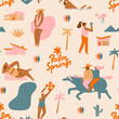 Palm springs Mid century modern funny seamless pattern with cartoon characters, tourists, Marlin Monroe and other attractions. Vector illustration