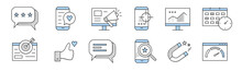 SMM Doodle Icons Speech Bubble With Stars, Smartphone And Like Button, Pc With Megaphone, Mobile With Target On Screen, Computer Display With Graph, Calendar, Thumb Up, Line Art Vector Signs Set