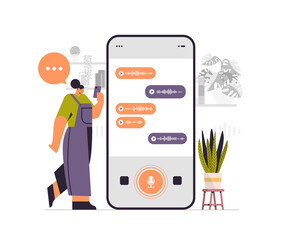 Wall Mural - woman recording or listening voice messages on smartphone screen audio record sending online communi