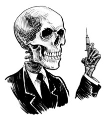 Ink black and white drawing of a human skeleton with a syringe