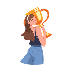 Sticker - Woman Winner Holding Golden Cup as Trophy and Award Vector Illustration