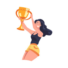 Sticker - Woman Winner Holding Golden Cup as Trophy and Award Vector Illustration