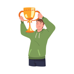 Canvas Print - Man Winner Holding Golden Cup as Trophy and Award Vector Illustration