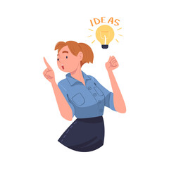 Poster - Young Woman with Glowing Light Bulb Having Idea Vector Illustration