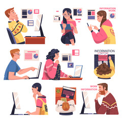 Poster - People Character Working with Information Sitting at Laptop Analyzing Data Vector Illustration Set