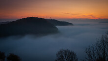 Landscape In The Morning Fog At Dawn. Sunrise. Sun Rays At Dawn.