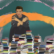 Młody mężczyzna ze skrzyżowanymi rękoma stos książek wokół niego