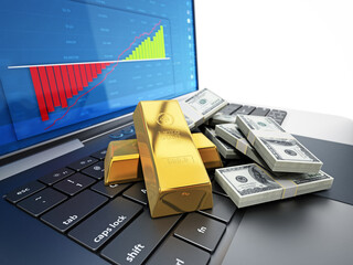 Wall Mural - Gold ingots and money pile on laptop computer. 3D illustration