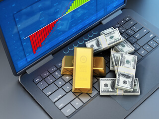 Wall Mural - Gold ingots and money pile on laptop computer. 3D illustration