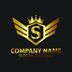 Luxury Letter S Gold Wing with Shield Crown Logo template, Golden Wing Shield Luxury Initial Letter S logo