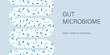Gut microbiome banner. Human intestine microbiota with healthy probiotic bacteria. Flat abstract medicine illustration of microbiology checkup.