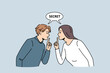 Secret privacy and silence concept. Young woman and man looking at each other showing silent gesture with fingers with secret lettering above vector illustration 