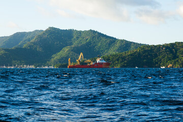 Wall Mural - View of the coast of Trinidad Island and an offshore supply vessel anchored in the bay.