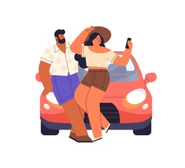 Wall Mural - couple taking selfie photo with smartphone near car on summer holiday trip. happy man and woman with